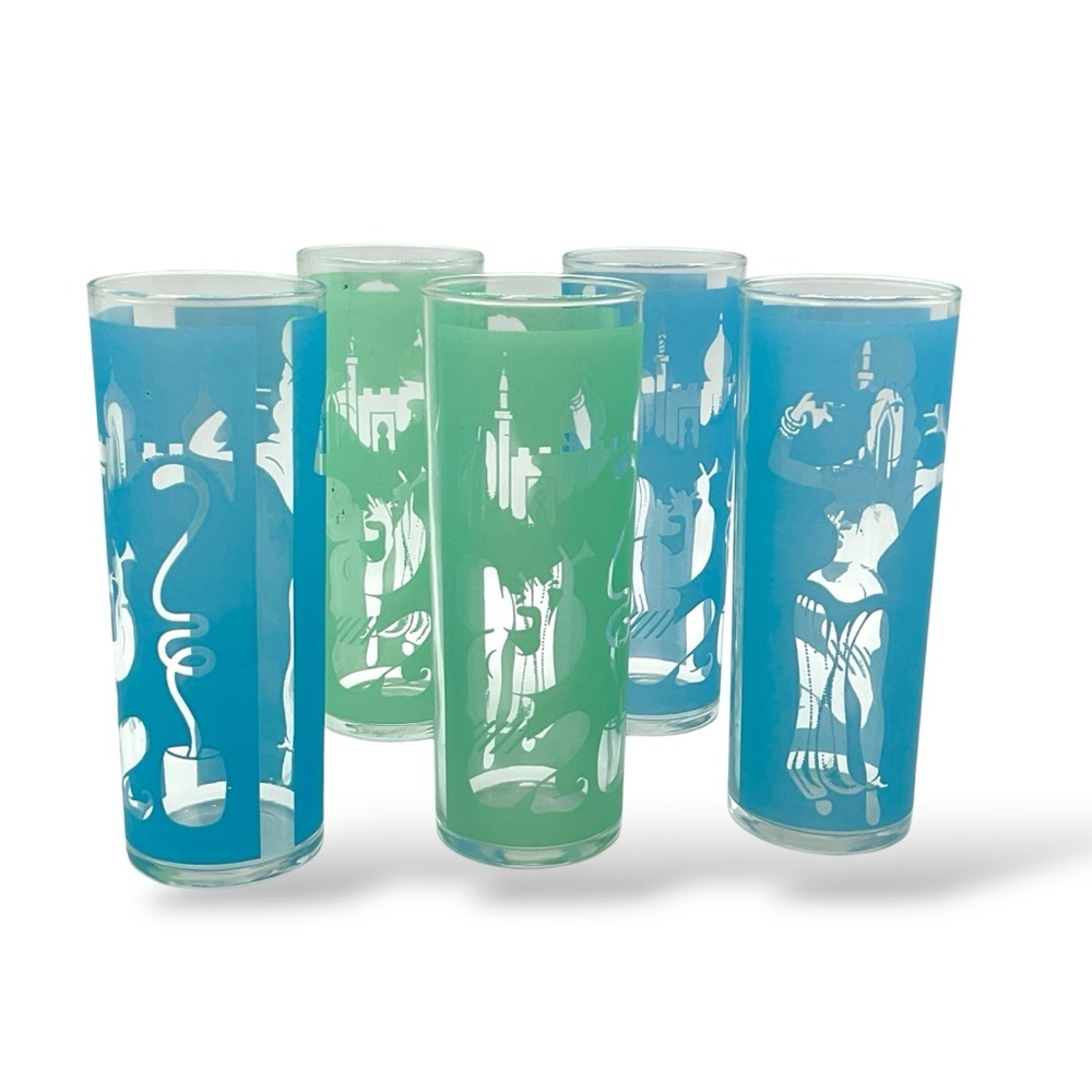 Vintage MCM Highball Cocktail Glasses Arabian Nights Blue Green Tall 50s Set Lot